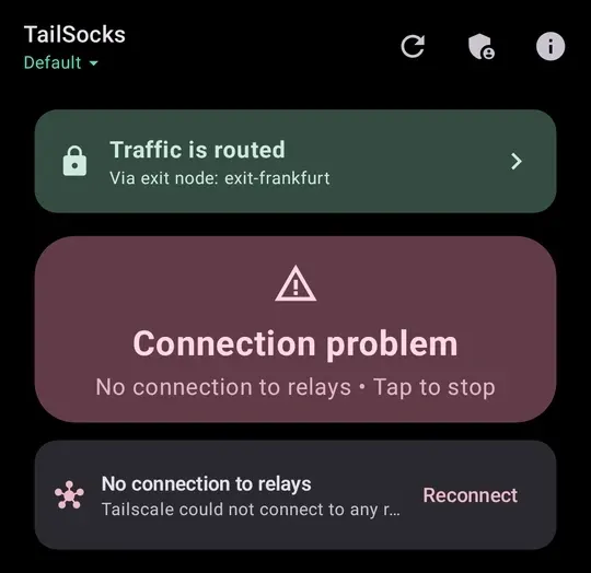 The main screen naming a problem: no connection to relays, with a Reconnect button